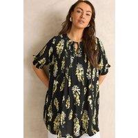 Evans Women's Printed Pintuck Tie Neck Blouse in Black | Size: 26-28