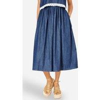 Yumi Women's Blue Denim Chambray Gathered Midi Skirt in Mid Blue | Size: 12