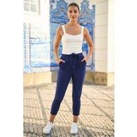 Yumi Women's Navy Stretch Capri Pants Trousers With Tie Belt | Size: 16