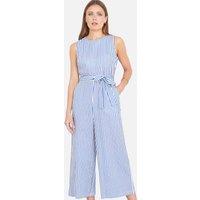 Yumi Women's Blue Cotton Stripe Culotte Jumpsuit in Bright Blue | Size: 14