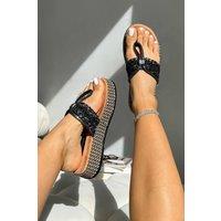 Love Lemonade Women's Sparkly Woven Luxe Platform Toe Post Flip Flops in Black | Size: 4