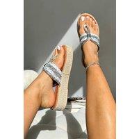 Love Lemonade Women's Sparkly Woven Luxe Platform Toe Post Flip Flops in White | Size: 4