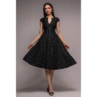 Goddiva Women's Bead Embellished Jacquard A Line Midi Dress in Black | Size: 14
