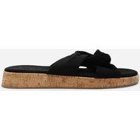 Where's That From Women's Bowtie Knotted Open Toe Suede Low Wedge Sandal in Black | Size: 4
