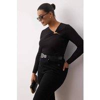 WOVCOR Women's Cut Out Detail Long Sleeve Fitted Top in Black | Size: 6XL