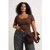 WOVCOR Women's Ribbed Button Detail Short Sleeve Fitted Top in Brown | Size: 6XL
