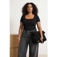 WOVCOR Women's Ribbed Button Detail Short Sleeve Fitted Top in Black | Size: 2XL