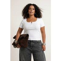 WOVCOR Women's Ribbed Button Detail Short Sleeve Fitted Top in White | Size: XL