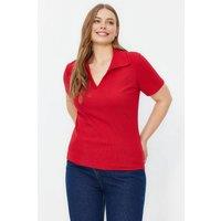 WOVCOR Women's Ribbed Polo Collar Short Sleeve Fitted Top in Red | Size: XL