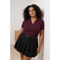 WOVCOR Women's Ribbed Polo Collar Short Sleeve Fitted Top in Plum | Size: 4XL