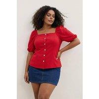 WOVCOR Women's Square Neck Button Detail Puff Sleeve Top in Red | Size: 18