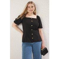 WOVCOR Women's Square Neck Button Detail Puff Sleeve Top in Black | Size: 14