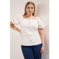 WOVCOR Women's Square Neck Button Detail Puff Sleeve Top in White | Size: 18