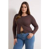 WOVCOR Women's Button Detail Ribbed Long Sleeve Fitted Top in Brown | Size: 2XL