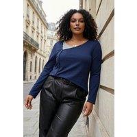 WOVCOR Women's Asymmetric Button Detail Long Sleeve Layered Top in Navy | Size: 2XL