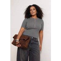 WOVCOR Women's Ribbed Button Detail Short Sleeve Fitted Top in Dark Grey | Size: XL
