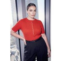 WOVCOR Women's Ribbed Button Detail Short Sleeve Fitted Top in Red | Size: 2XL