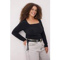 WOVCOR Women's Square Neck Ruched Detail Long Sleeve Fitted Top in Black | Size: 2XL