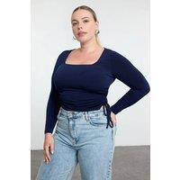 WOVCOR Women's Square Neck Ruched Detail Long Sleeve Fitted Top in Navy | Size: 4XL