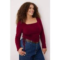 WOVCOR Women's Square Neck Ruched Detail Long Sleeve Fitted Top in Burgundy | Size: 2XL