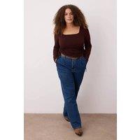 WOVCOR Women's Square Neck Ruched Detail Long Sleeve Fitted Top in Brown | Size: 2XL