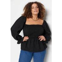 WOVCOR Women's Shirred Puff Sleeve Square Neck Peplum Top in Black | Size: 14