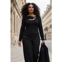 WOVCOR Women's Cut Out Hardware Detail Long Sleeve Fitted Top in Black | Size: 2XL