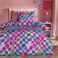 OHS Kids Neon Checkerboard Bedding Set Duvet Cover with Pillowcase | Size: Single