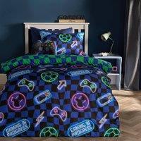 OHS Kids Neon Checkerboard Bedding Set Duvet Cover with Pillowcase in Blue | Size: Double