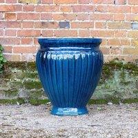 Primrose Rib Textured Glazed Terracotta Round Planter In Glossy Royal Blue 22cm