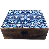KDMD Blue Stars Large Ceramic & Wood Storage Box - 20x15x7.5cm | Size: 20x15x7.5 cm