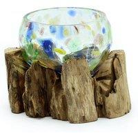 KDMD Molten Coloured Glass & Wood Small Decorative Bowl