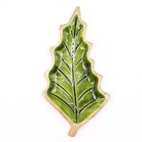 KDMD Lost in the Forest Enamel Leaf Wooden Bowl - 33x17cm in Dark Green | Size: 33x17 cm