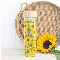 KDMD Sunflower Print Glass Water Bottle - 600ml, Bamboo Lid & Loop in Yellow