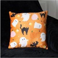 KDMD Square Halloween Ghost Cushion - Spooky Pumpkin & Bat Print Decor in Orange