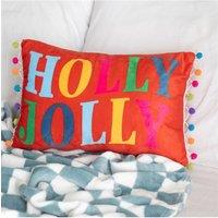 KDMD Red Holly Jolly Cushion with Pom Poms - Festive Christmas Decor