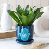 KDMD Hand of Hamsa Ceramic Plant Pot for Indoor Plants & Succulents in Blue