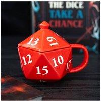 KDMD D20 Gaming Dice Mug - 500ml Ceramic with Lid for Tabletop Fans in Red