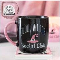 KDMD Good Witch Social Club Mug & Coaster Set - Pastel Pink Witch Hat Gift in Black