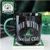 KDMD Bad Witch Social Club Mug & Coaster Set - Magical Green Hat Design in Black