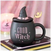 KDMD Good Witch Lidded Mug with Spoon - Pink Ceramic Hat & Moon Decor in Black