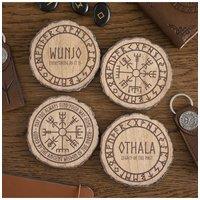 KDMD Norse Mythology Wood Slice Coasters - Set of 4 Viking Symbols in Brown