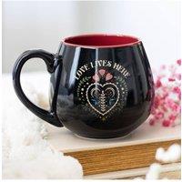 KDMD Love Lives Here Folk Heart Mug - 500ml Ceramic Coffee & Tea Cup in Black