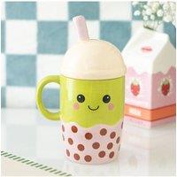 KDMD Kawaii Bubble Tea Mug - Cute Ceramic Boba Drink Cup with Lid in Green