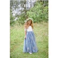 UK Flower Girl Boutique Girl's Enchanted Dress - Dusty Blue / White Chantilly Lace in Pale Blue | Size: 13-14 Years