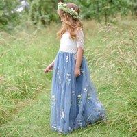 UK Flower Girl Boutique Girl's Enchanted Dress - Dusty Blue / White Chantilly Lace in Pale Blue | Size: 1-2 Years