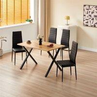 KOSY KOALA Wooden Dining Table with 4 Black Leather Chairs - Dining Kitchen Room Furniture in Brown