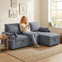 HOMCOM Corner Sofa Bed, L Shaped Sofa with Storage Chaise, USB Ports in Grey | Size: 3 Seater