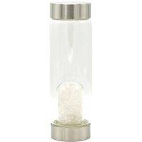 KDMD Crystal Infused Glass Water Bottle - Cleansing Clear Quartz - Chips in Silver