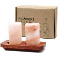 KDMD Set of 2 Himalayan Salt Shot Glasses with Wooden Serving Stand in Peach